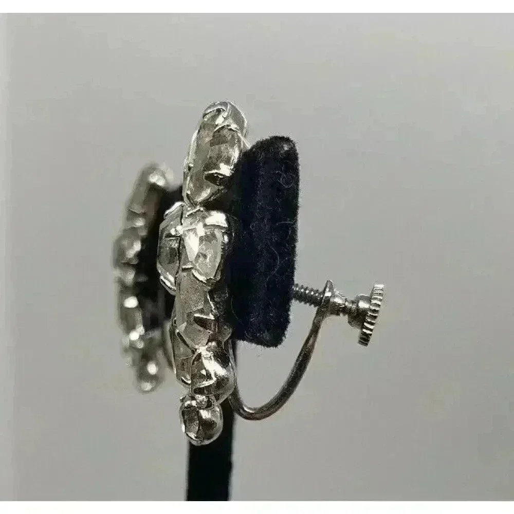 Vintage Earrings Clear Rhinestone Clip Clear Half Flower Star Bride Statement - Picture 6 of 10